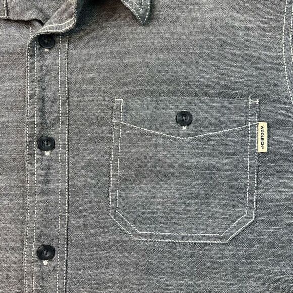 Woolrich Shirt Mens XL Button Up Pockets Textured Chambray Grey Short Sleeve - Picture 4 of 8